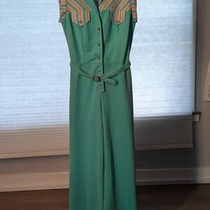 Vintage 70s Teal Sleeveless Leisuresuit/Jumpsuit with Striped Accents
